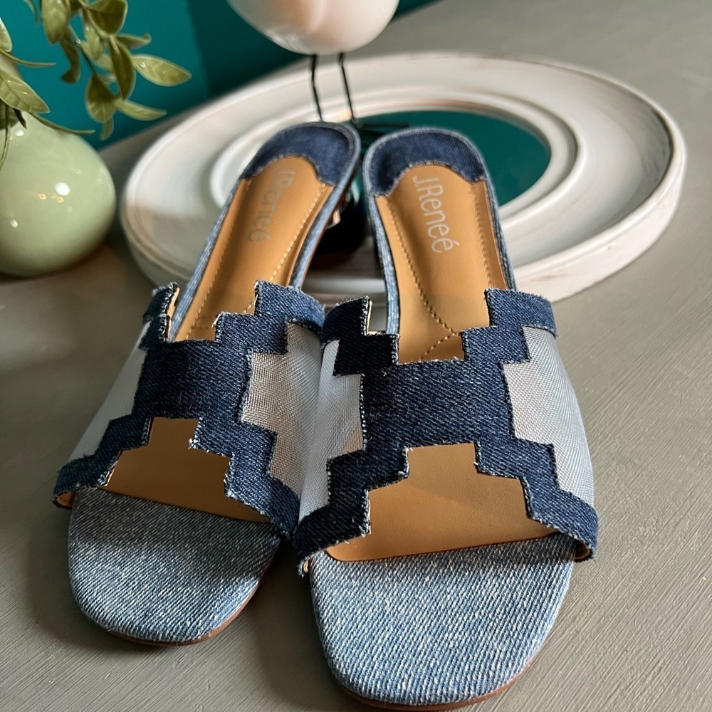 J. Renee’ Blue and White Woven Sandals Small Heel with Flat Sole